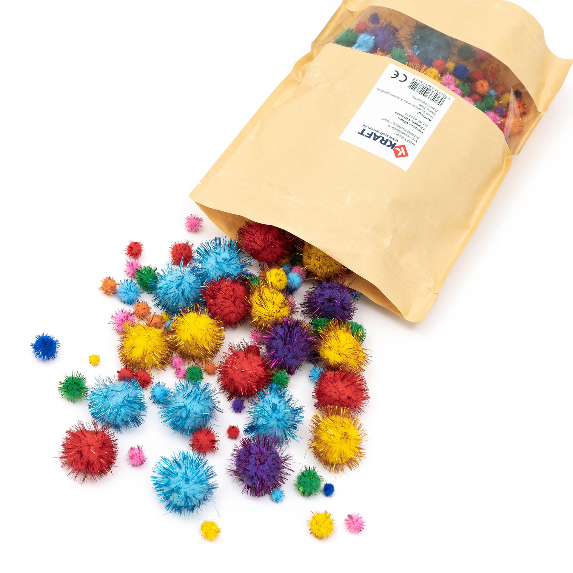 Pompons, 8 Glitzerfarben, 4 Größen, 500 Stück