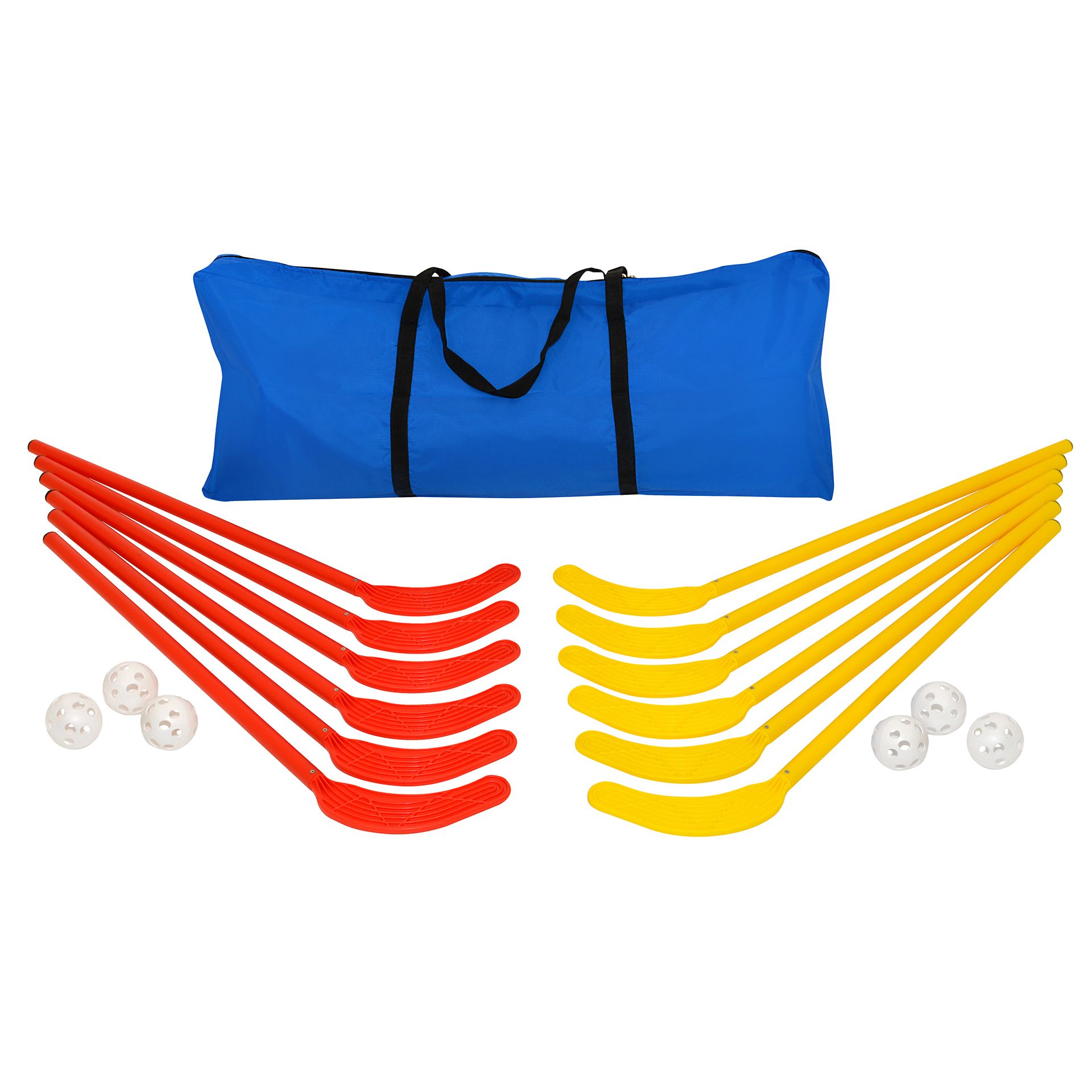 Hockeyschläger, 18er Set, 6x gelb, 6x rot, 6 Bälle