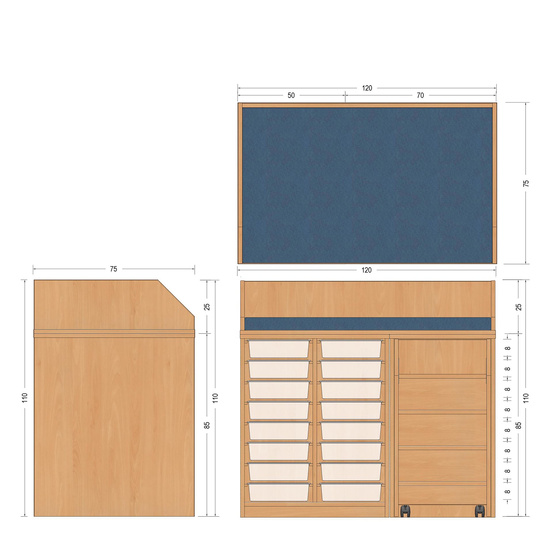 Wickelanlage, 120,5x110x75cm, Treppe rechts, 16 Boxen