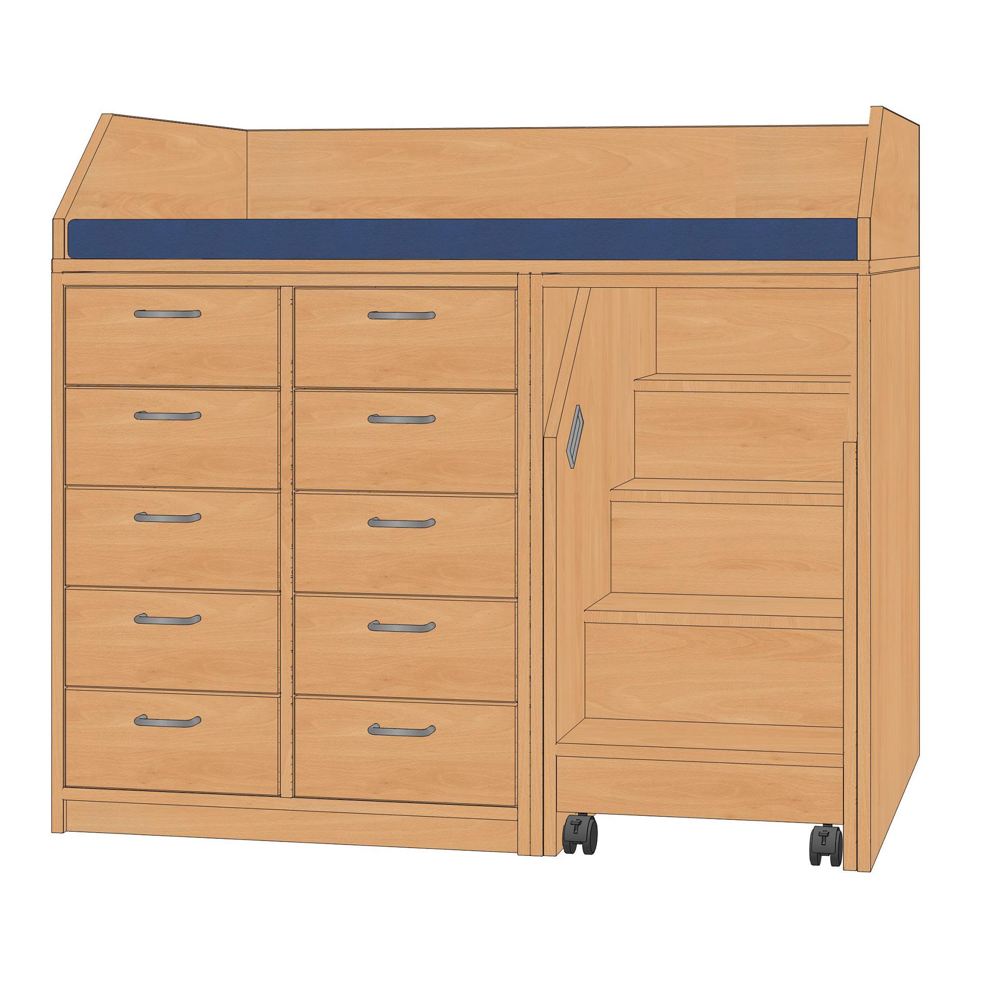 Wickelanlage, 125x110x75cm, Treppe re, 10 Schubkästen